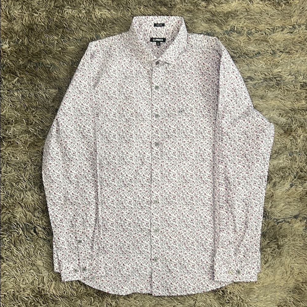 Express: White and Pink Floral Button Down Shirt